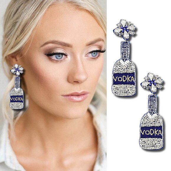 Vodka Bottle Crystal Glass Seed Beaded Earrings - Picture 1 of 2